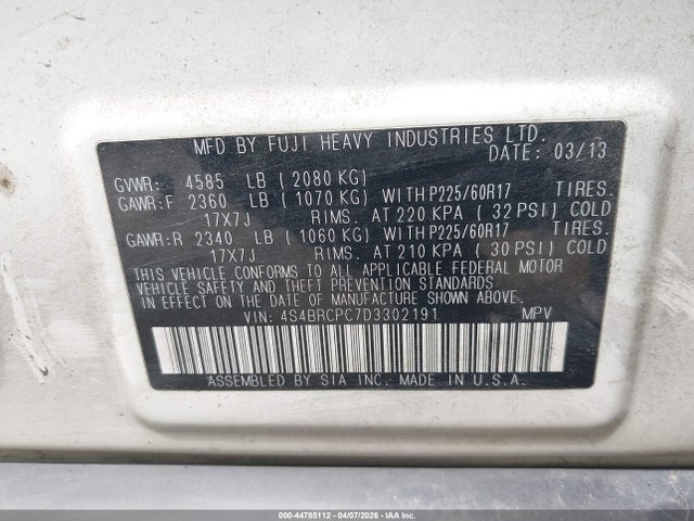 2013 Subaru Outback 2.5i Limited მანქანა იყიდება აუქციონზე, vin: 4S4BRCPC7D3302191, აუქციონის ნომერი: 44785112