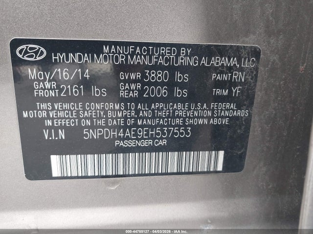 Продажа на аукционе авто 2014 Hyundai Elantra Se, vin: 5NPDH4AE9EH537553, номер лота: 44785127