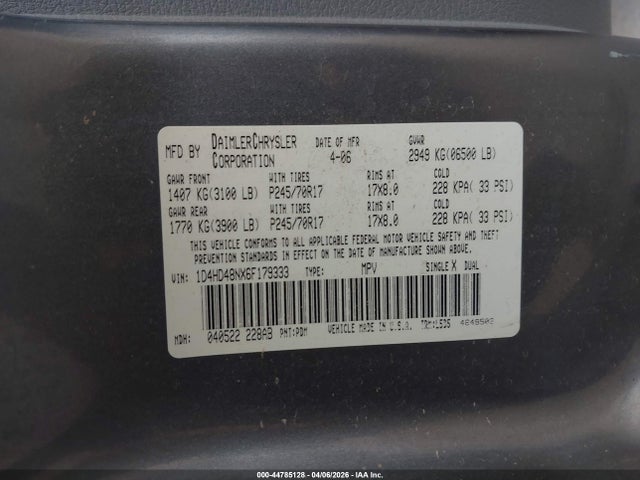 Продажа на аукционе авто 2006 Dodge Durango Slt, vin: 1D4HD48NX6F179333, номер лота: 44785128