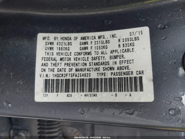 Honda ACCORD EX 2015 1HGCR2F75FA254620 Image 9