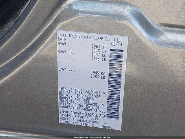 44785145 :رقم المزاد ، 1N4BL4DV5RN385123 vin ، 2024 Nissan Altima Sv Fwd مزاد بيع