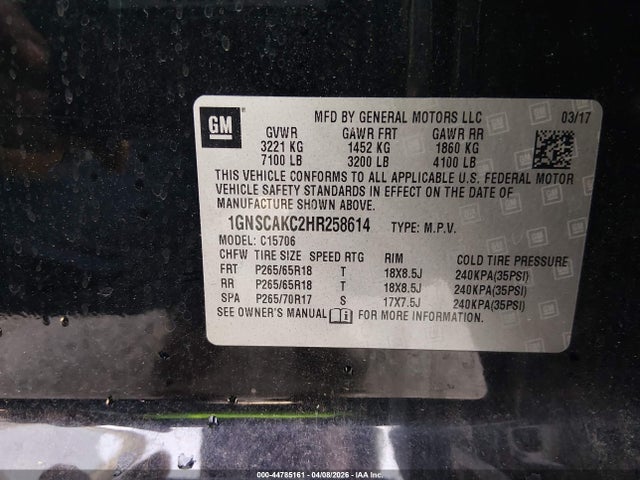 2017 Chevrolet Tahoe Ls მანქანა იყიდება აუქციონზე, vin: 1GNSCAKC2HR258614, აუქციონის ნომერი: 44785161