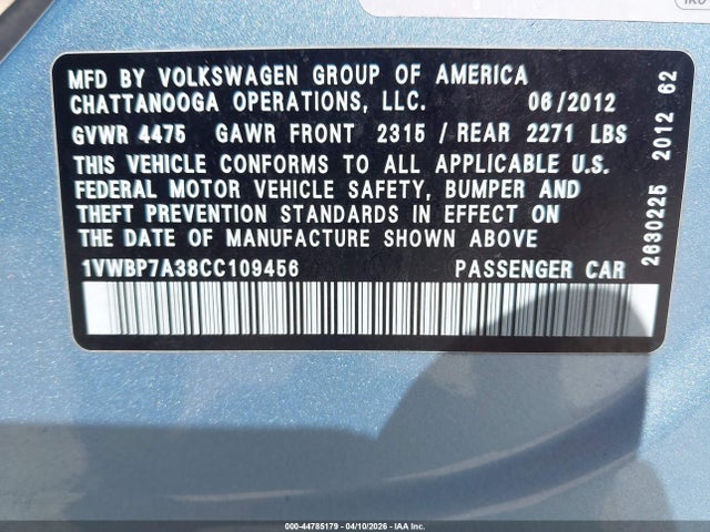 Продаж на аукціоні авто 2012 Volkswagen Passat 2.5l Se, vin: 1VWBP7A38CC109456, номер лоту: 44785179