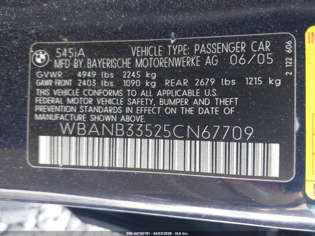 2005 BMW 545I WBANB33525CN67709 Photo 8