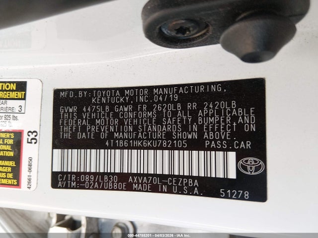4T1B61HK6KU782105 Toyota CAMRY XSE