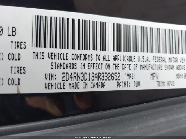 44785202 :رقم المزاد ، 2D4RN3D13AR332652 vin ، 2010 Dodge Grand Caravan Hero مزاد بيع