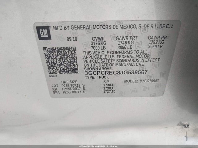 3GCPCREC8JG538567 Chevrolet Silverado 1500 1lt