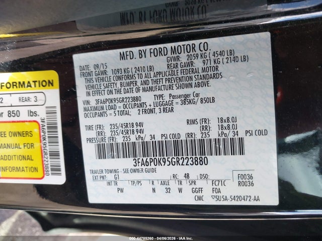 2016 Ford Fusion Titanium მანქანა იყიდება აუქციონზე, vin: 3FA6P0K95GR223880, აუქციონის ნომერი: 44785260