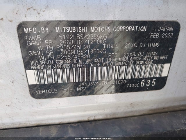 Aukcja sprzedaży 2022 Mitsubishi Outlander, vin: JA4J3VA87NZ071870, numer aukcji: 44785265