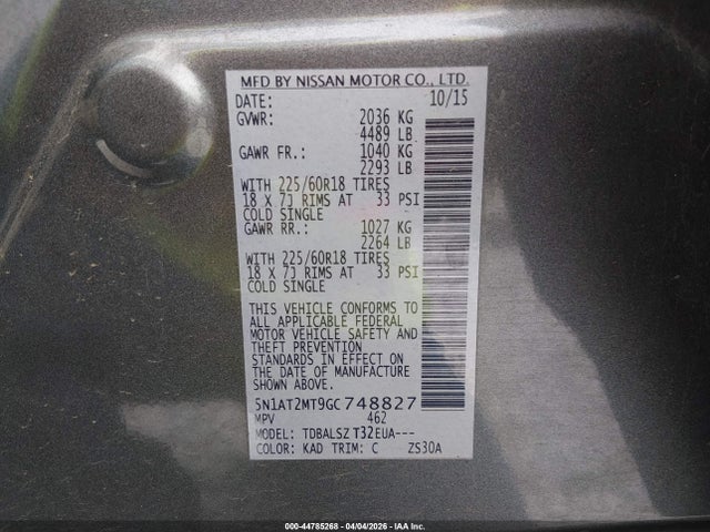 Продажа на аукционе авто 2016 Nissan Rogue Sl, vin: 5N1AT2MT9GC748827, номер лота: 44785268