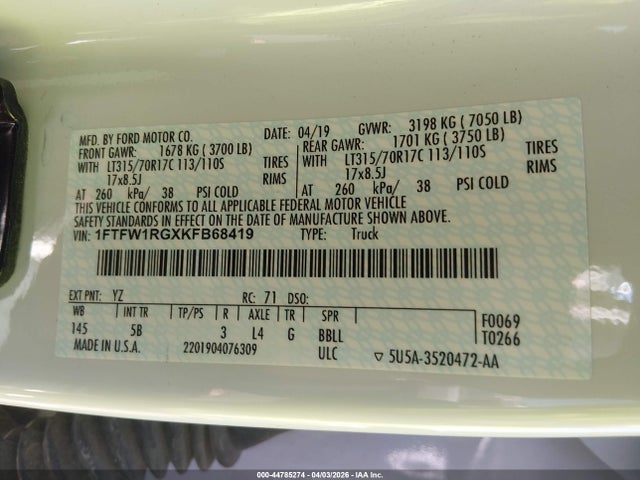 1FTFW1RGXKFB68419 Ford F-150 Raptor