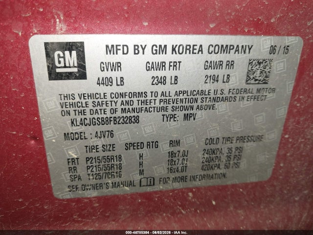 44785304 :رقم المزاد ، KL4CJGSB8FB232838 vin ، 2015 Buick Encore Leather مزاد بيع