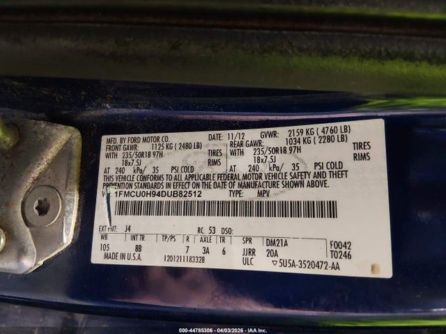 44785306 :رقم المزاد ، 1FMCU0H94DUB82512 vin ، 2013 Ford Escape Sel مزاد بيع