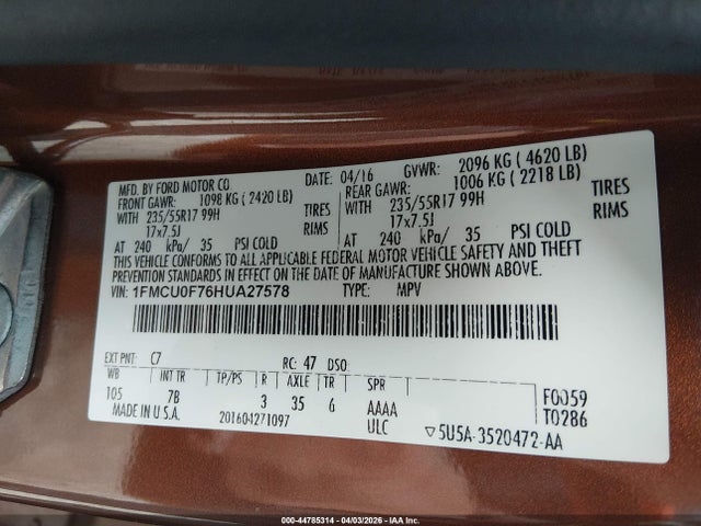 2017 Ford Escape S მანქანა იყიდება აუქციონზე, vin: 1FMCU0F76HUA27578, აუქციონის ნომერი: 44785314