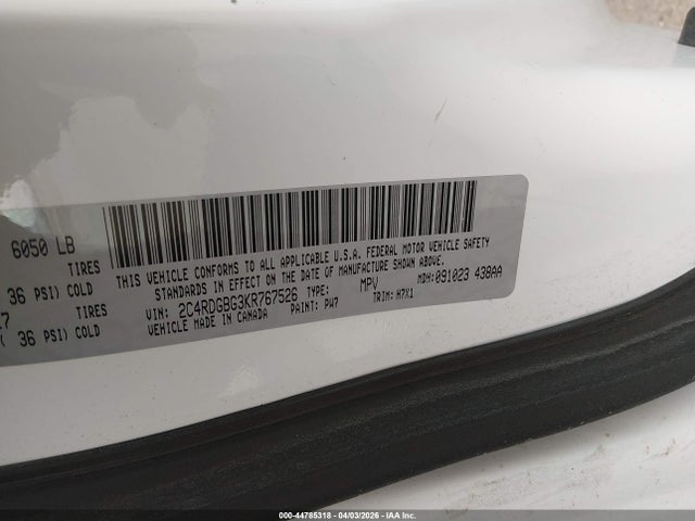 2019 Dodge Grand Caravan Se მანქანა იყიდება აუქციონზე, vin: 2C4RDGBG3KR767526, აუქციონის ნომერი: 44785318