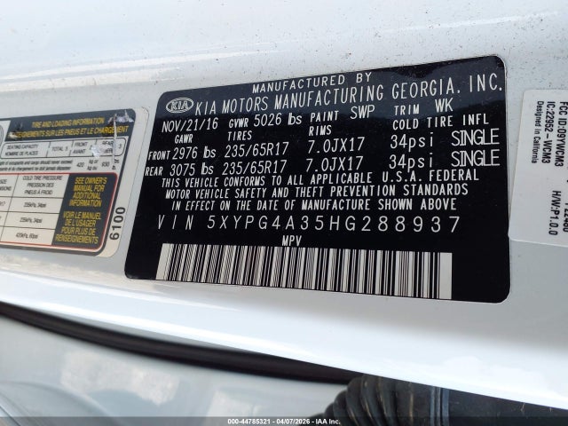 Продажа на аукционе авто 2017 Kia Sorento 2.4l Lx, vin: 5XYPG4A35HG288937, номер лота: 44785321