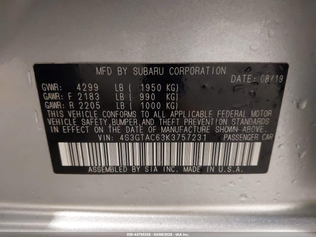 2019 Subaru Impreza 2.0i Premium მანქანა იყიდება აუქციონზე, vin: 4S3GTAC63K3757231, აუქციონის ნომერი: 44785328