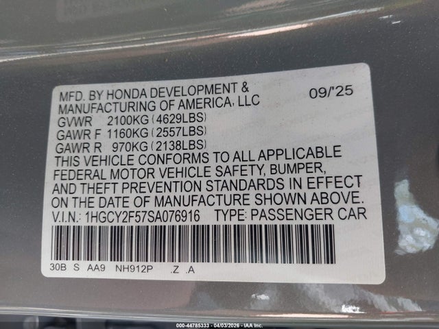 Продажа на аукционе авто 2025 Honda Accord Hybrid Sport, vin: 1HGCY2F57SA076916, номер лота: 44785333