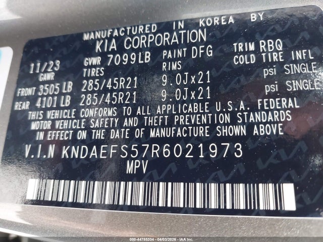 2024 Kia Ev9 Gt-line მანქანა იყიდება აუქციონზე, vin: KNDAEFS57R6021973, აუქციონის ნომერი: 44785334