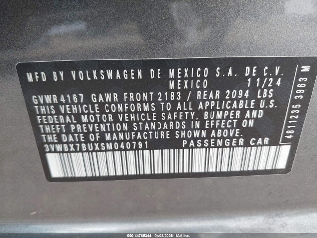 Продаж на аукціоні авто 2025 Volkswagen Jetta 1.5t Sport, vin: 3VWBX7BUXSM040791, номер лоту: 44785344