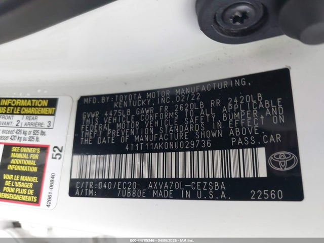 44785346 :رقم المزاد ، 4T1T11AK0NU029736 vin ، 2022 Toyota Camry Se Nightshade Edition مزاد بيع