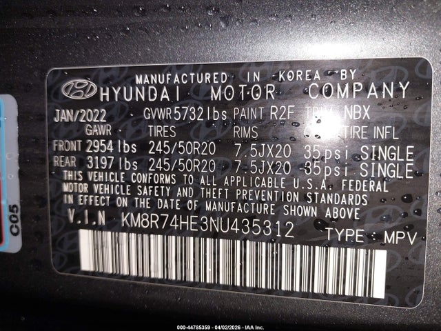 Auction sale of the 2022 Hyundai Palisade Calligraphy, vin: KM8R74HE3NU435312, lot number: 44785359