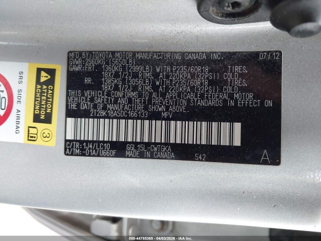 44785365 :رقم المزاد ، 2T2BK1BA5DC166133 vin ، 2013 Lexus Rx 350 مزاد بيع