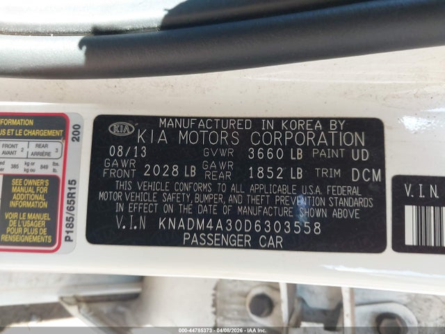 Aukcja sprzedaży 2013 Kia Rio Lx, vin: KNADM4A30D6303558, numer aukcji: 44785373