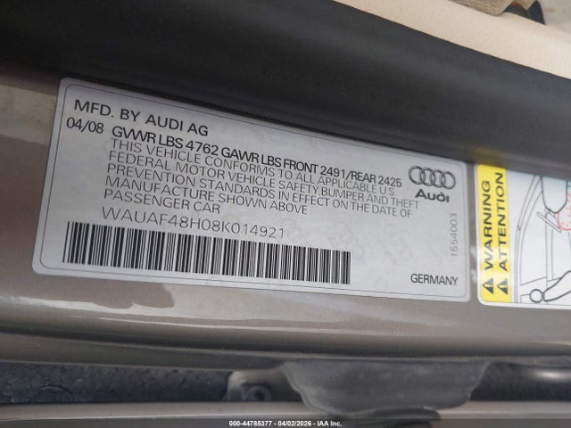 Продаж на аукціоні авто 2008 Audi A4 2.0t, vin: WAUAF48H08K014921, номер лоту: 44785377
