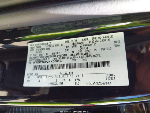 2022 Ford F-150 Xl მანქანა იყიდება აუქციონზე, vin: 1FTEW1CP2NKD38157, აუქციონის ნომერი: 44785381