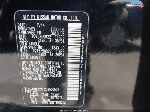 44785389 :رقم المزاد ، JN8AZ2NF2E9556501 vin ، 2014 Infiniti Qx80 مزاد بيع