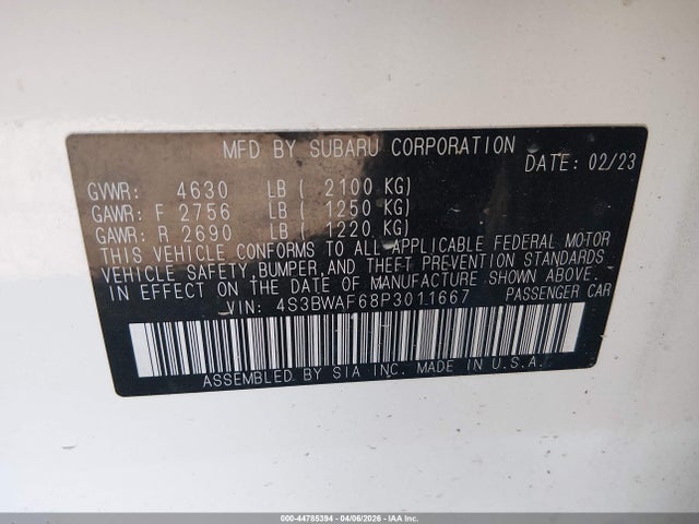 2023 Subaru Legacy Premium მანქანა იყიდება აუქციონზე, vin: 4S3BWAF68P3011667, აუქციონის ნომერი: 44785394