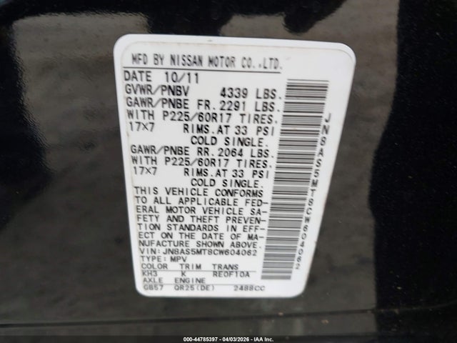44785397 :رقم المزاد ، JN8AS5MT8CW604062 vin ، 2012 Nissan Rogue Sv مزاد بيع