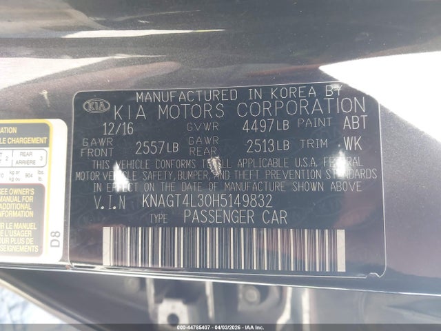 KNAGT4L30H5149832 KIA Optima Lx