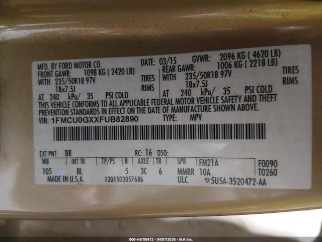 1FMCU0GXXFUB82890 Ford ESCAPE SE