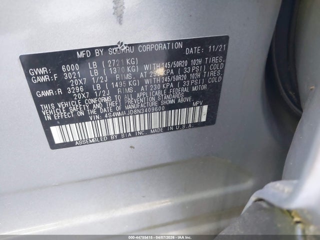 Продаж на аукціоні авто 2022 Subaru Ascent Onyx Edition, vin: 4S4WMAJD8N3409600, номер лоту: 44785415