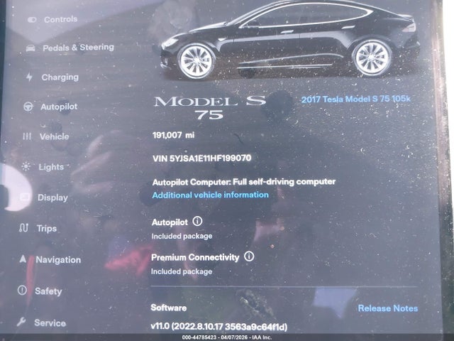 Aukcja sprzedaży 2017 Tesla Model S 60/75, vin: 5YJSA1E11HF199070, numer aukcji: 44785423