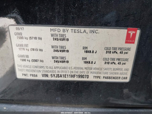 Aukcja sprzedaży 2017 Tesla Model S 60/75, vin: 5YJSA1E11HF199070, numer aukcji: 44785423