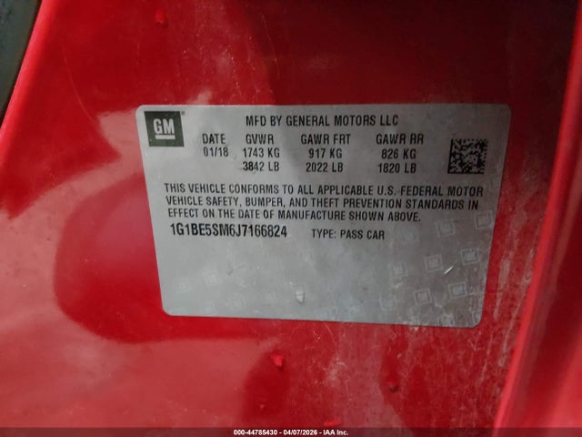 Aukcja sprzedaży 2018 Chevrolet Cruze Lt Auto, vin: 1G1BE5SM6J7166824, numer aukcji: 44785430