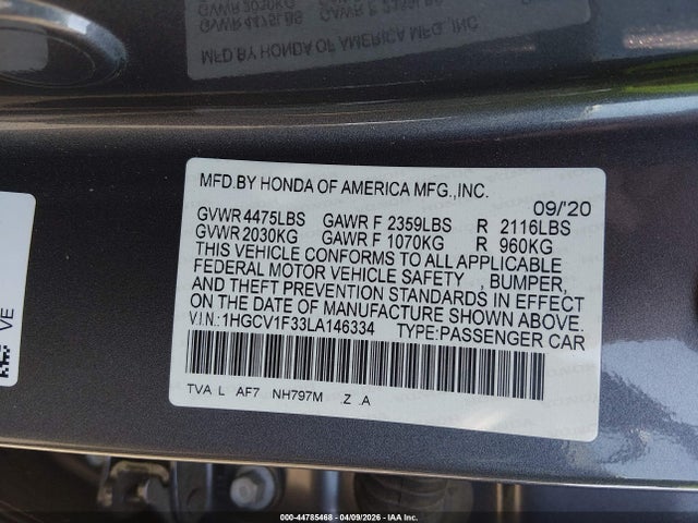 Продажа на аукционе авто 2020 Honda Accord Sport, vin: 1HGCV1F33LA146334, номер лота: 44785468