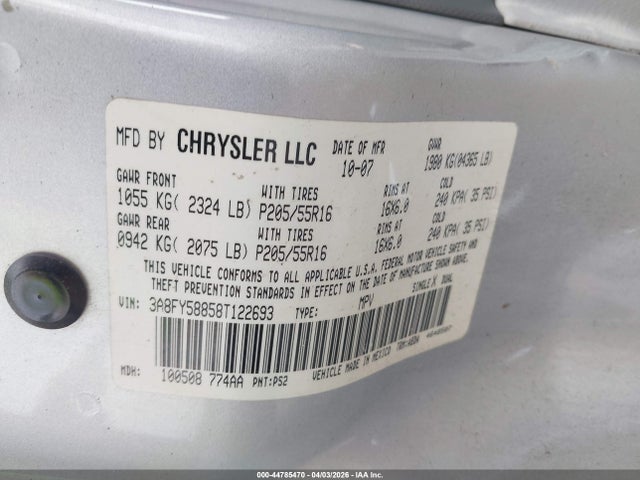 Aukcja sprzedaży 2008 Chrysler Pt Cruiser Touring, vin: 3A8FY58858T122693, numer aukcji: 44785470