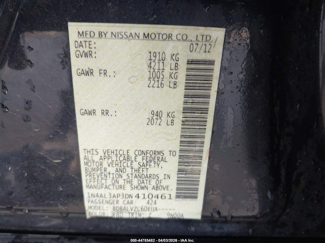 44785482 :رقم المزاد ، 1N4AL3AP3DN410461 vin ، 2013 Nissan Altima 2.5 Sl مزاد بيع