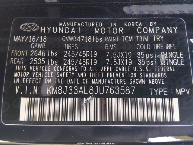 KM8J33AL8JU763587 Hyundai Tucson Sport