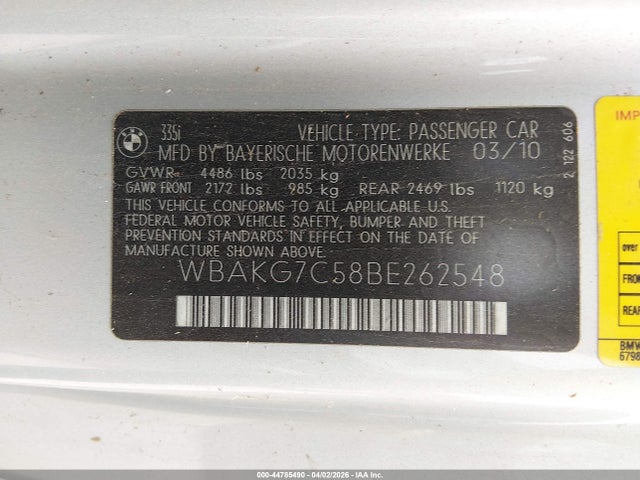 Aukcja sprzedaży 2011 Bmw 335i, vin: WBAKG7C58BE262548, numer aukcji: 44785490