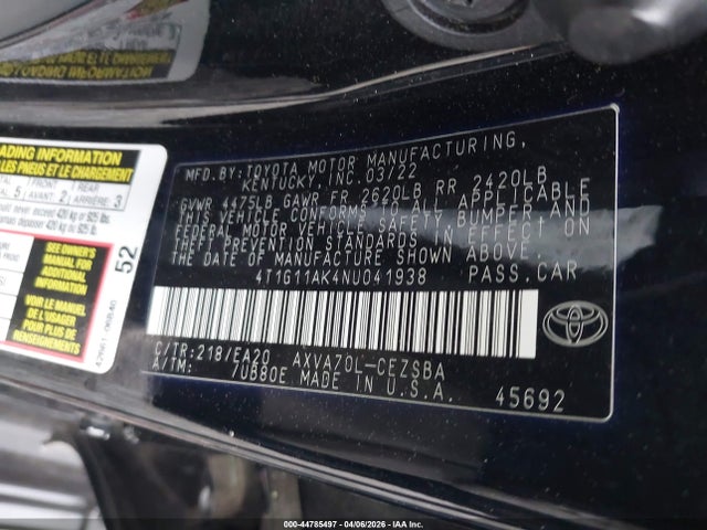 44785497 :رقم المزاد ، 4T1G11AK4NU041938 vin ، 2022 Toyota Camry Se/se Night Shade مزاد بيع