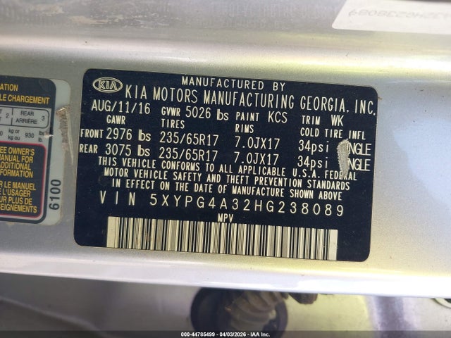 Продажа на аукционе авто 2017 Kia Sorento 2.4l Lx, vin: 5XYPG4A32HG238089, номер лота: 44785499