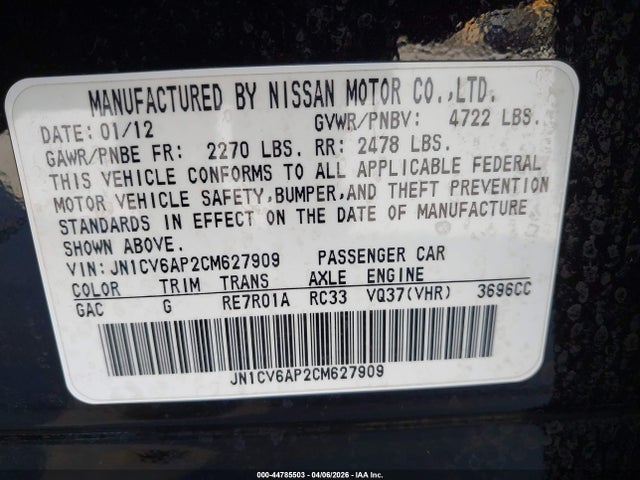 44785503 :رقم المزاد ، JN1CV6AP2CM627909 vin ، 2012 Infiniti G37 Journey مزاد بيع