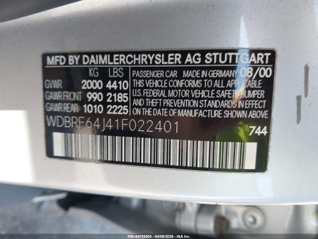 2001 Mercedes-benz C 320 მანქანა იყიდება აუქციონზე, vin: WDBRF64J41F022401, აუქციონის ნომერი: 44785504