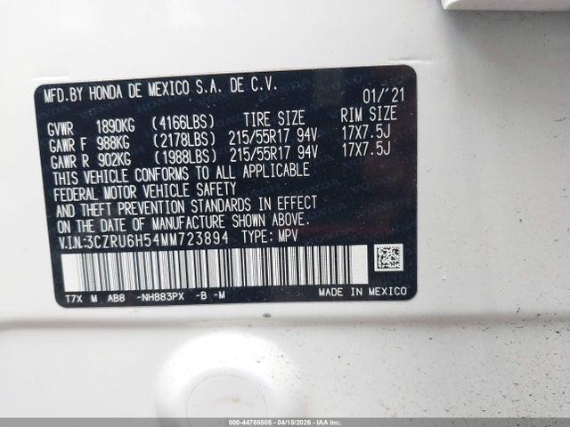 3CZRU6H54MM723894 Honda Hr-v Awd Ex