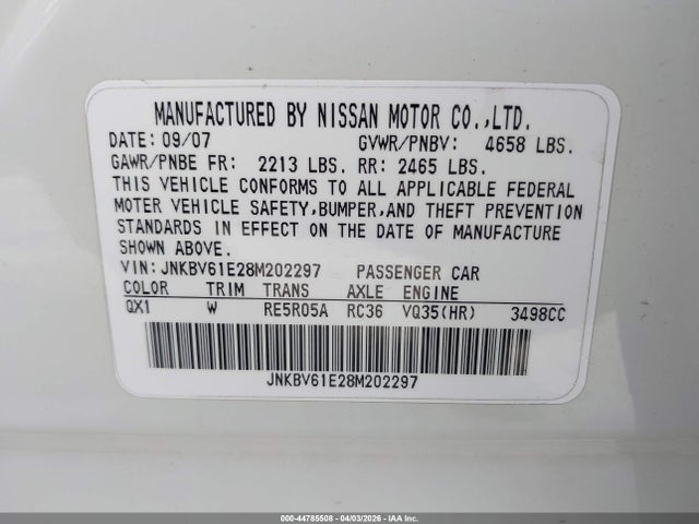 Продаж на аукціоні авто 2008 Infiniti G35 Journey, vin: JNKBV61E28M202297, номер лоту: 44785508